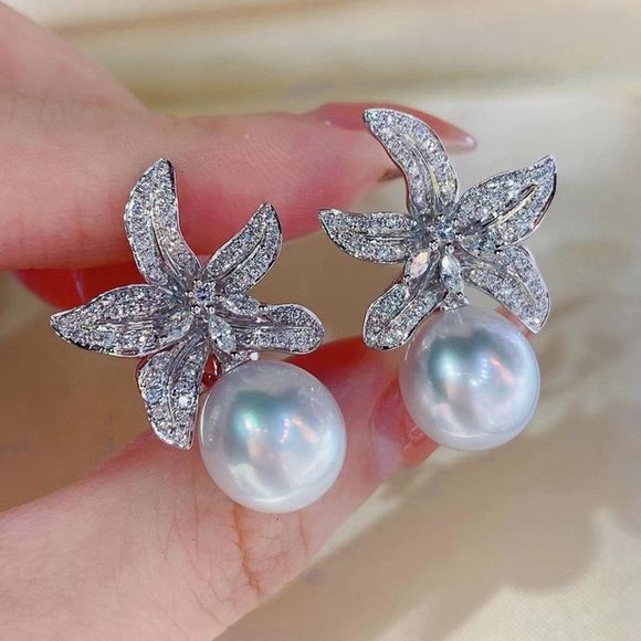 🔥 925 Silver Plating CZ Crystal Imitation Pearl Starfish Earring, HA4526 - Picture 4 of 5